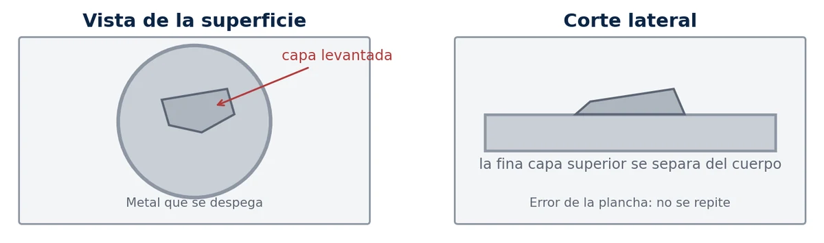 Diagram: a layer of metal lifting from the coin's surface, seen from the front and in cross-section