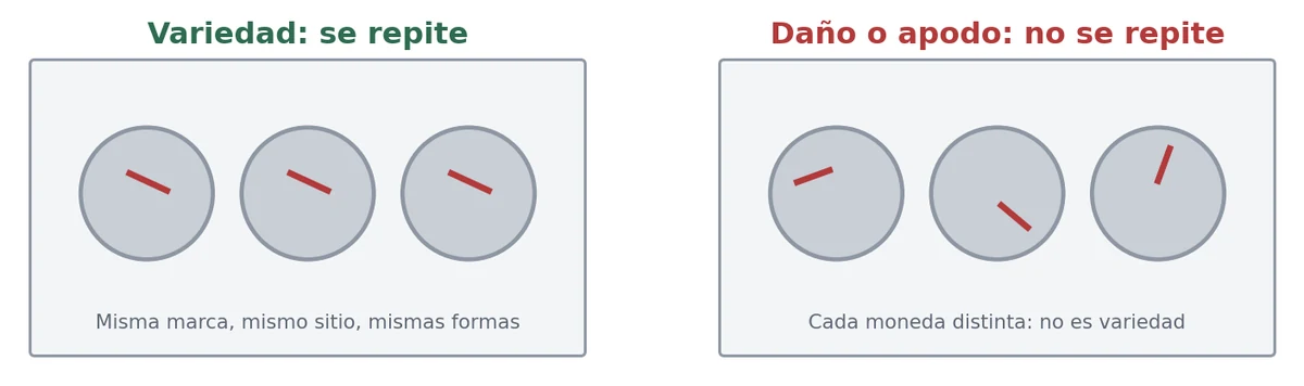 Diagram: a variety repeats identically on three coins; damage differs on each one