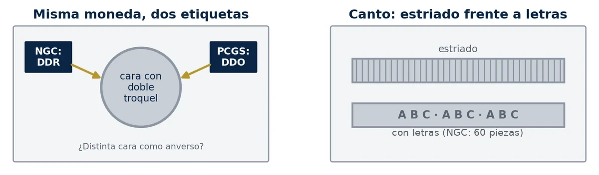 Diagram: the same coin labelled DDR by NGC and DDO by PCGS, and a reeded edge compared with a lettered edge