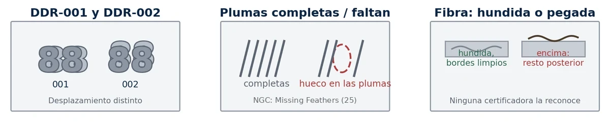 Diagram: the two 1988 doubled dies, full feathers compared with missing feathers, and a sunken fibre compared with a stuck-on one