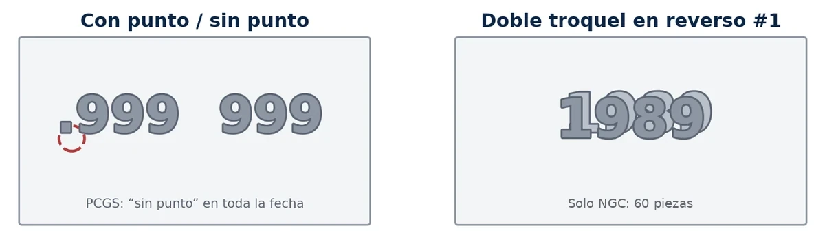 Diagram: .999 with and without the dot, and a doubled die on the 1989 date
