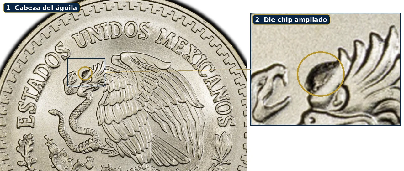 Close-up of the die chip on the eagle's head of the 1998 Libertad