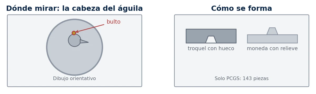 Diagram: where the die chip appears on the eagle's head and how it forms from a gouge in the die