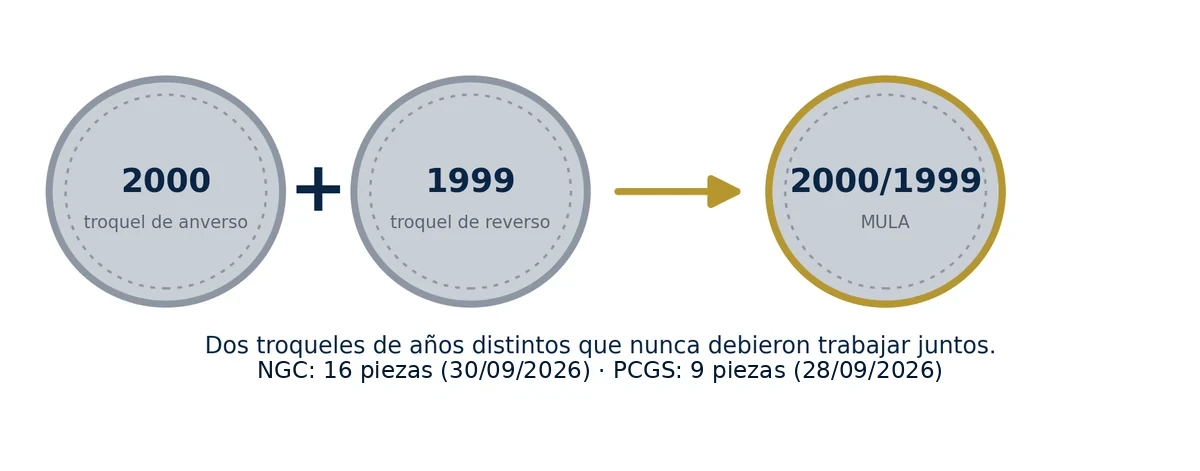 Diagram: a 2000 obverse die plus a 1999 reverse die produce the 2000/1999 mule