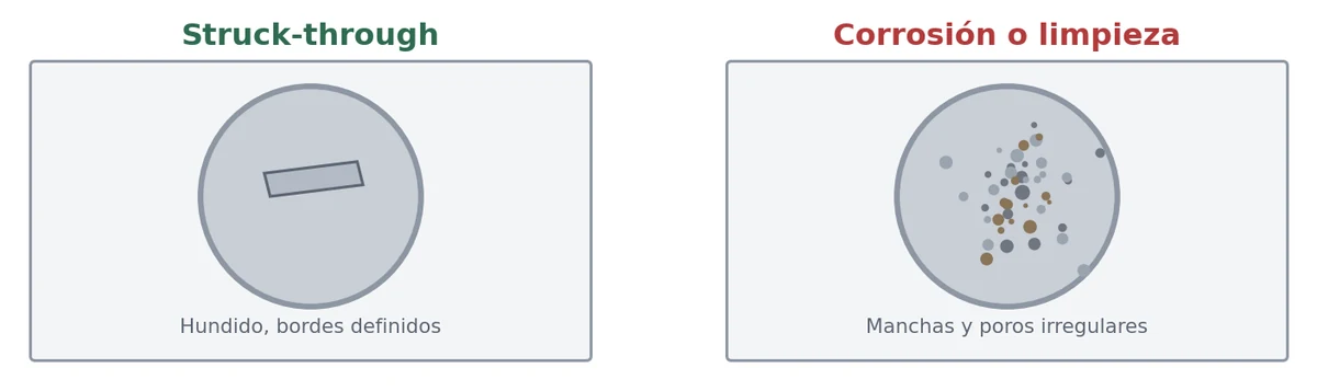 Diagram: a sunken mark with defined edges (struck-through) compared with irregular spots and pits (corrosion)
