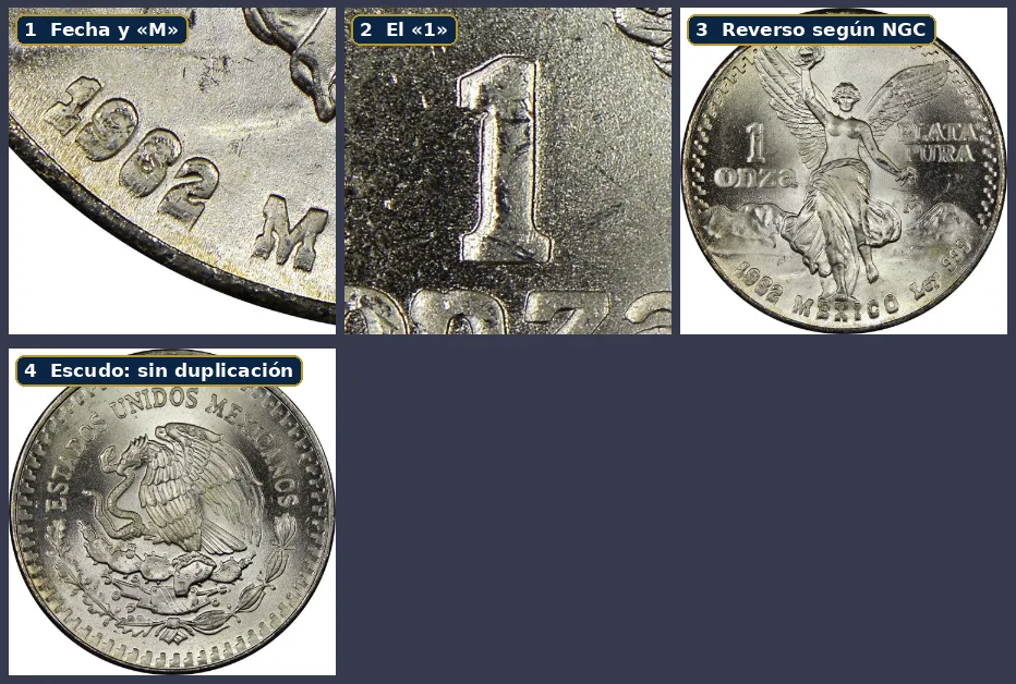 NGC diagnostic photos of the 1982 Libertad DDR #1: date, M mint mark and numeral 1