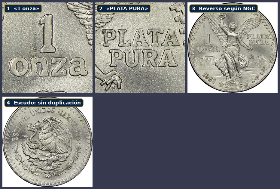 NGC diagnostic photos of the 1983 Libertad DDR: 1 onza and PLATA PURA legends