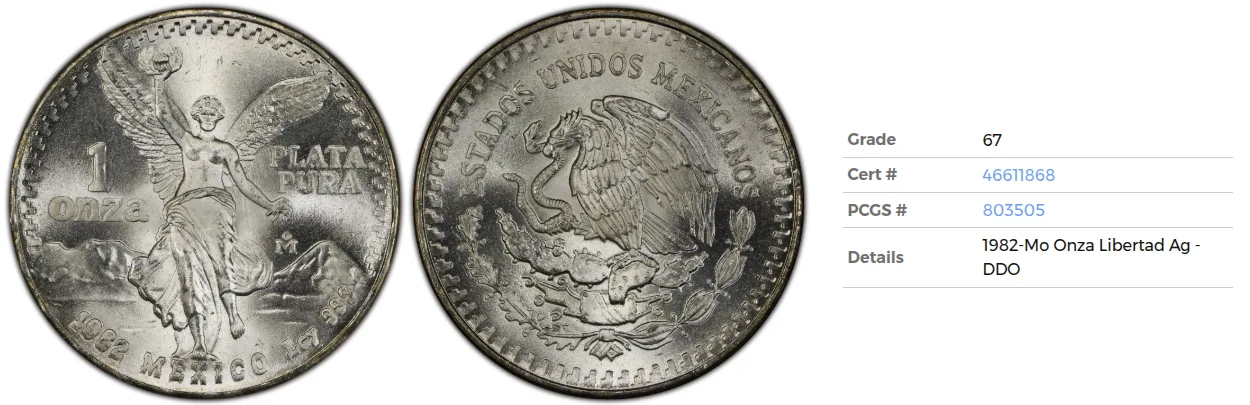 1982 Libertad DDO graded MS67 by PCGS