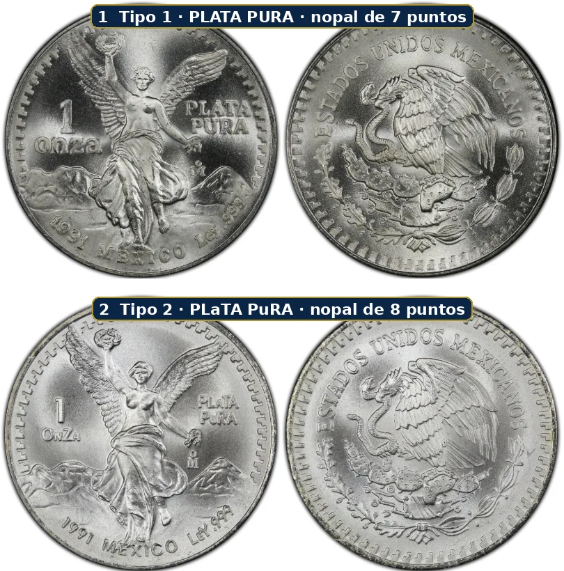 Two 1991 Libertads graded MS69 by PCGS: Type 1 with a seven-dot cactus and Type 2 with an eight-dot cactus
