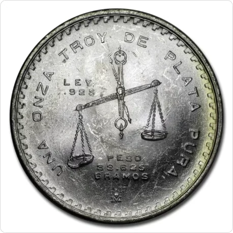 Reverse of a 1978-1980 Balanza onza with the balance and the .925 fineness