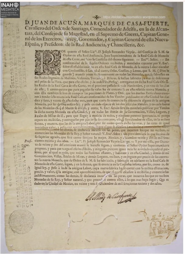 1732 proclamation by the Marquis of Casafuerte on the new coinage