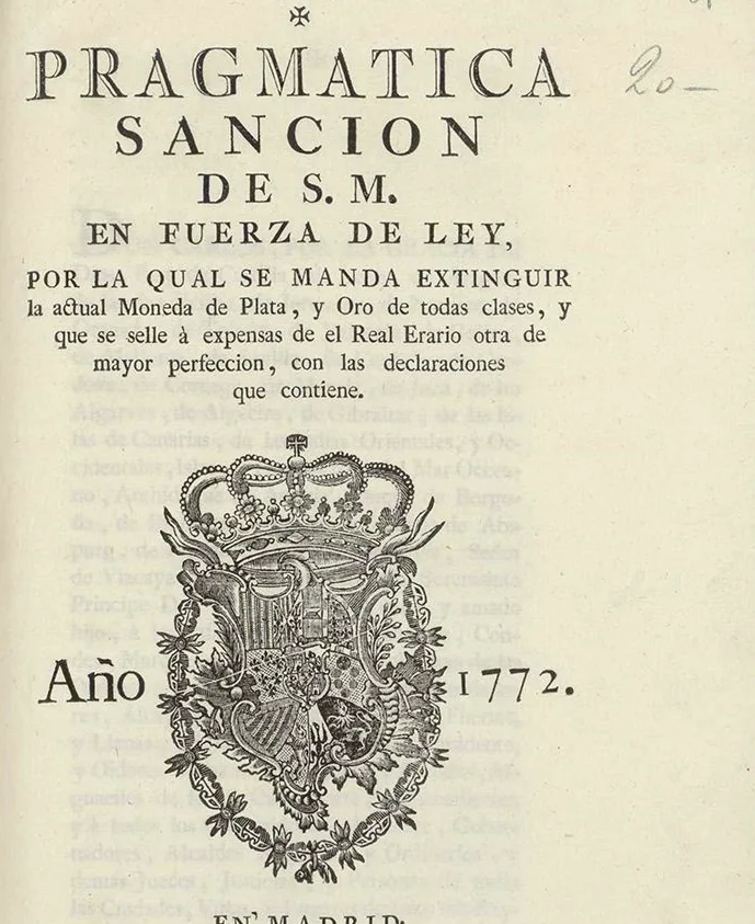 Title page of the 1772 Pragmatic Sanction on the new coinage