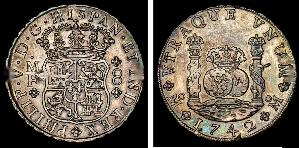 1742 Mexico pillar real de a ocho, obverse and reverse