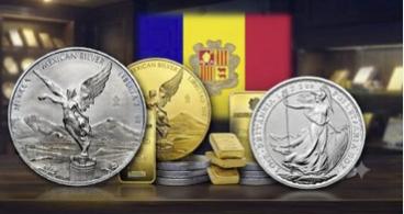Monedas y lingotes de oro y plata de inversión con la bandera de Andorra — Andorra Metals