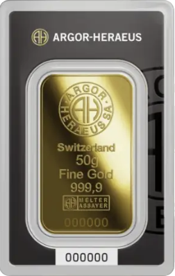 Lingot d'or d'investissement Argor-Heraeus 50 g, pureté 999,9